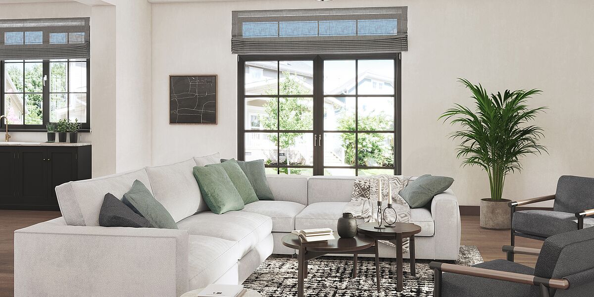 Wohnzimmer mit einer lederähnlichen Couch